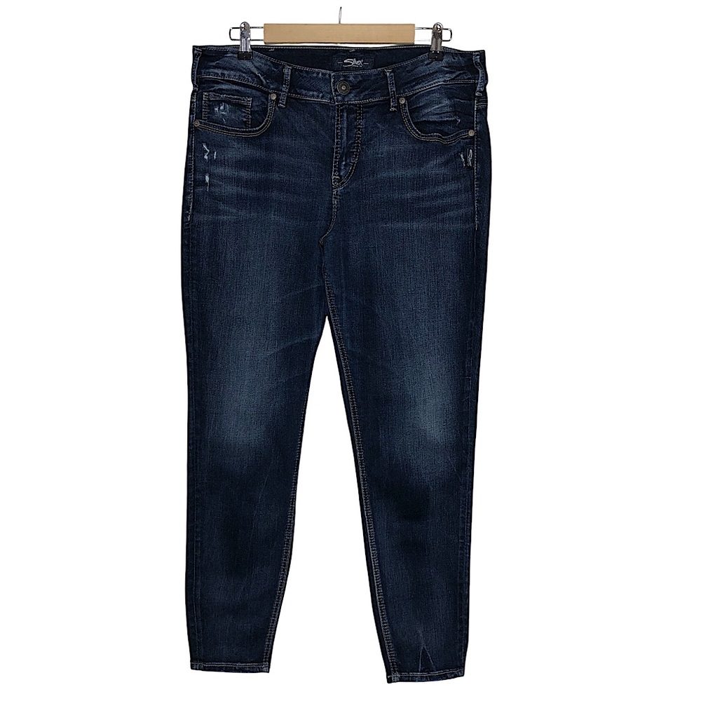 Silver Cotton Blend Dark Wash Distress Details High Rise Ankle Skinny Jeans 16